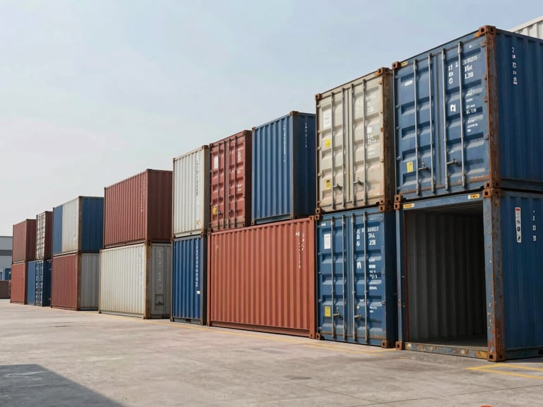 Wide environmental shot of a busy loading dock in our Guangzhou warehouse, cargo containers aligned, bright industrial daylight.