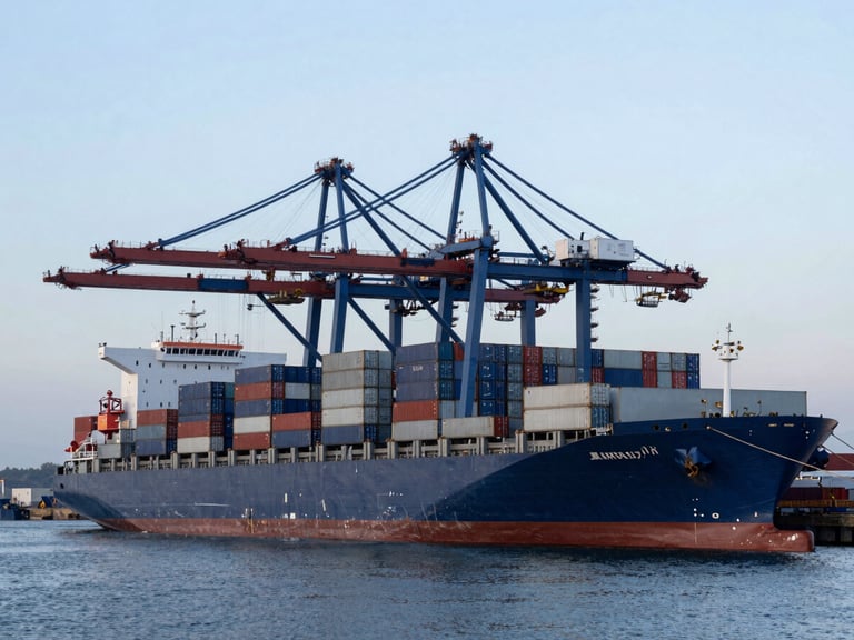Crisp wide-angle architectural shot of a modern deep-water port at early morning, a cargo ship docked, steel containers stacked in neat grids, cool morning daylight, sharp focus.