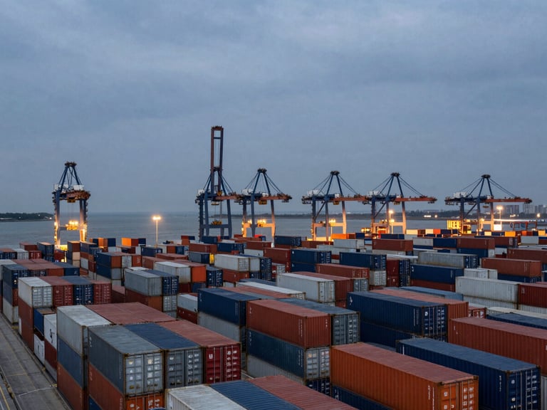 Wide-angle panoramic landscape of a deep-water container terminal at dusk, rows of stacked dark slate and orange shipping containers, towering gantry cranes against an overcast sky.