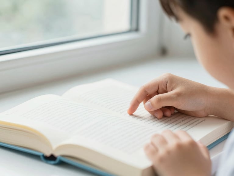 Bright editorial photography, natural window light, a close-up of a child's hand tracking text in a book, shallow depth of field, 35mm