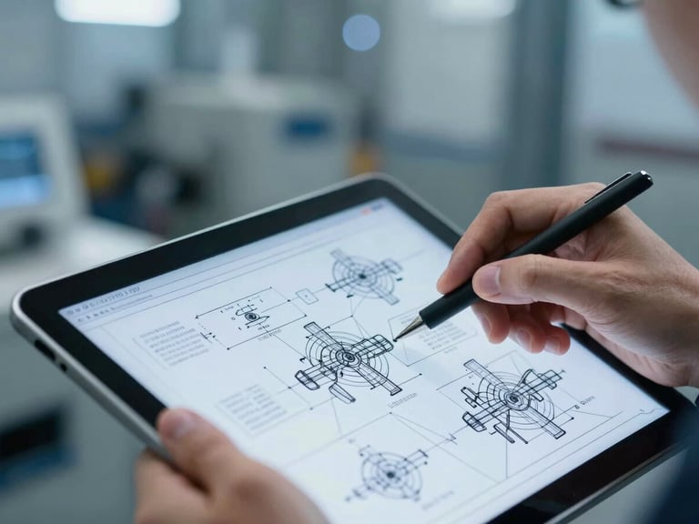 Close-up of an engineer's hands reviewing a complex technical schematic on a tablet, with blurred industrial machinery in the background, cool blue lighting, sharp focus on the details.