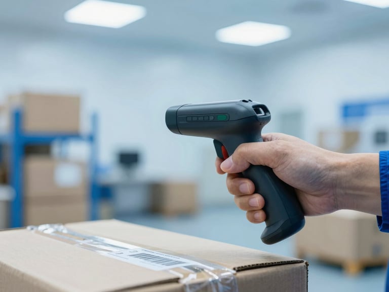 Close-up of a logistics professional's hand scanning a package with a barcode scanner in a modern, brightly lit shipping facility, cool blue lighting.