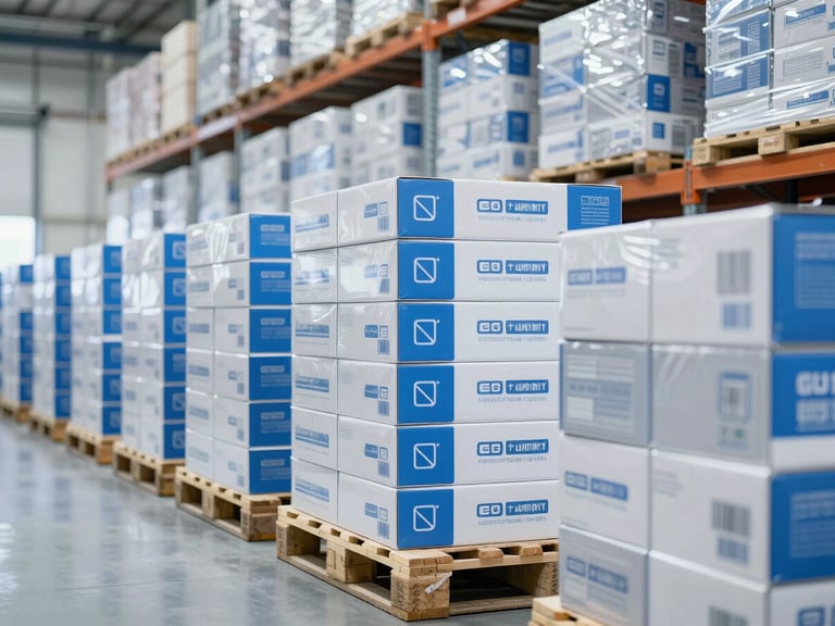 Wide shot of an organized, modern warehouse aisle, pallets stacked with electronic component boxes, clean industrial daylight, blue and white highlights.