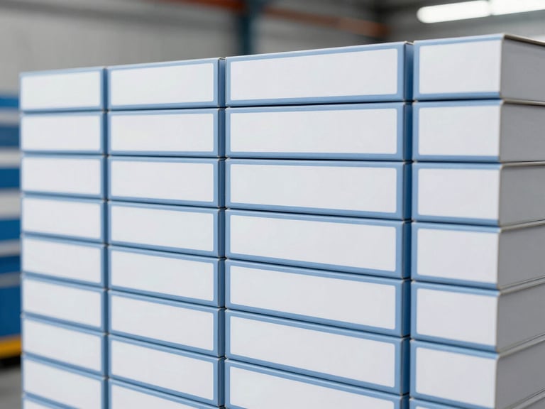 Stack of neatly organized, generic component boxes with blank labels, ready for custom branding in a clean, brightly lit warehouse aisle, industrial daylight, crisp focus.
