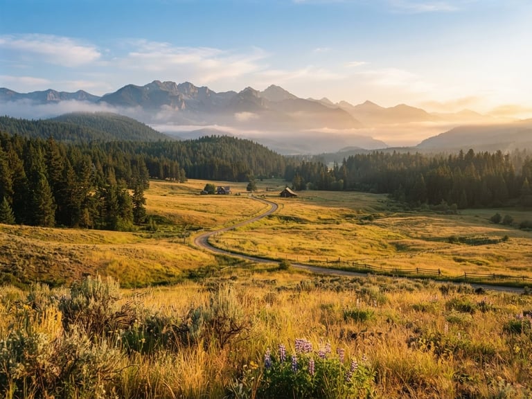Wide-angle panoramic landscape photography of a golden-grass valley in Boundary County, Idaho, with towering green pine trees, distant misty mountains at sunrise, warm golden-hour light, 35mm film texture.