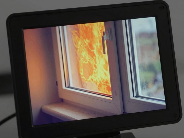 A close-up thermal imaging camera screen displaying severe heat loss around a newly installed double-glazed window frame