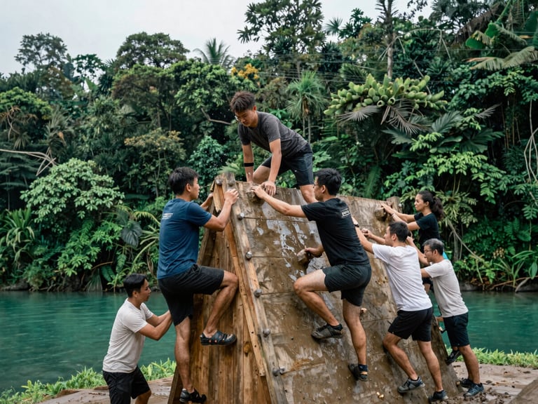 Teams collaborating to climb a muddy wooden wall obstacle in the Bogor forest, candid expressions of determination, overcast light, 35mm