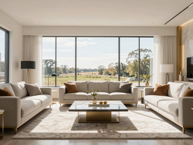 Straight-on architectural shot of a bright, sunlit modern living room in Yankton, clean lines, immaculate marble surfaces, natural daylight streaming through large spotless windows, warm gold accents.