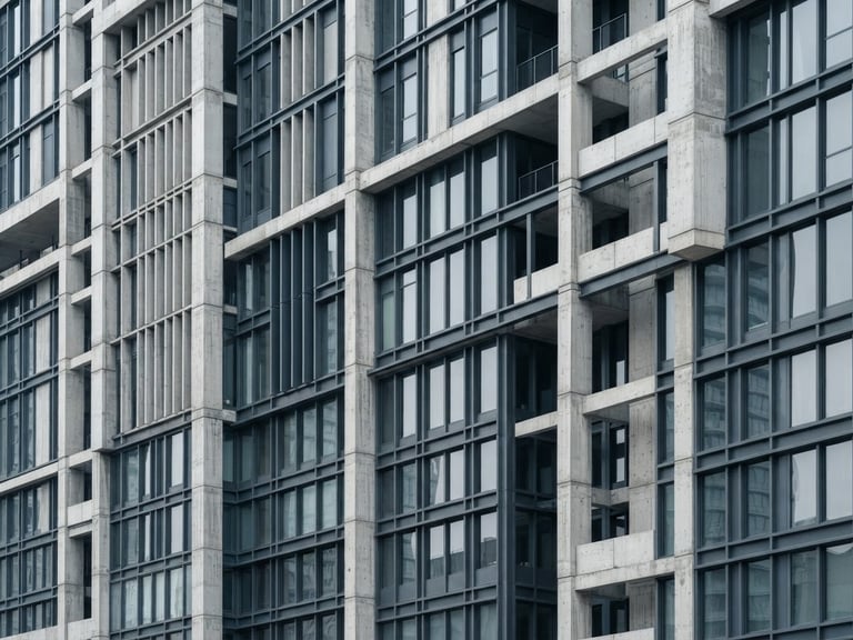 Crisp architectural crop of a modern steel and concrete building facade, bright morning daylight, sharp focus, desaturated cool tones