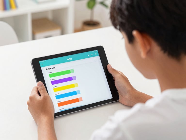 Over-the-shoulder view of a Malaysian teenager focused on a digital tablet screen showing an interactive educational quiz with vibrant progress bars, bright daylight.