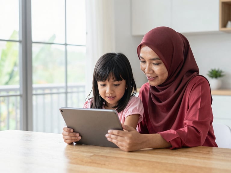 Malaysian mother and daughter sitting at a bright wooden dining table, looking at a tablet screen together with smiles, soft morning daylight filtering through a window, clean modern home interior, shallow depth of field