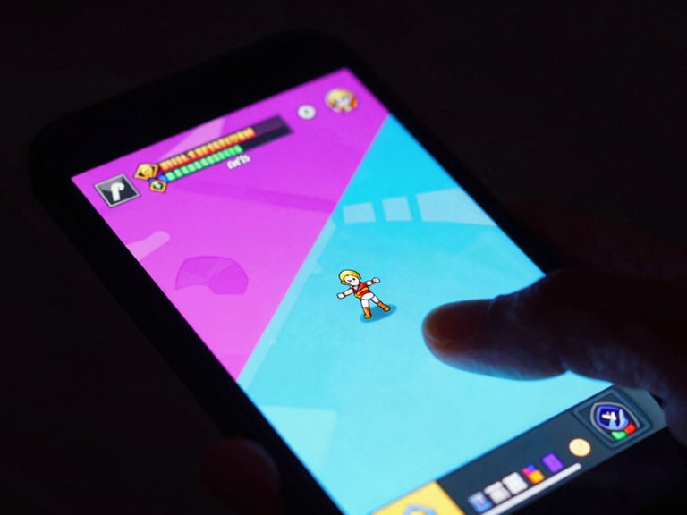 Tight macro shot of a mobile device showing vibrant RPG gameplay, neon magenta and cyan screen glow casting onto hands, dark background