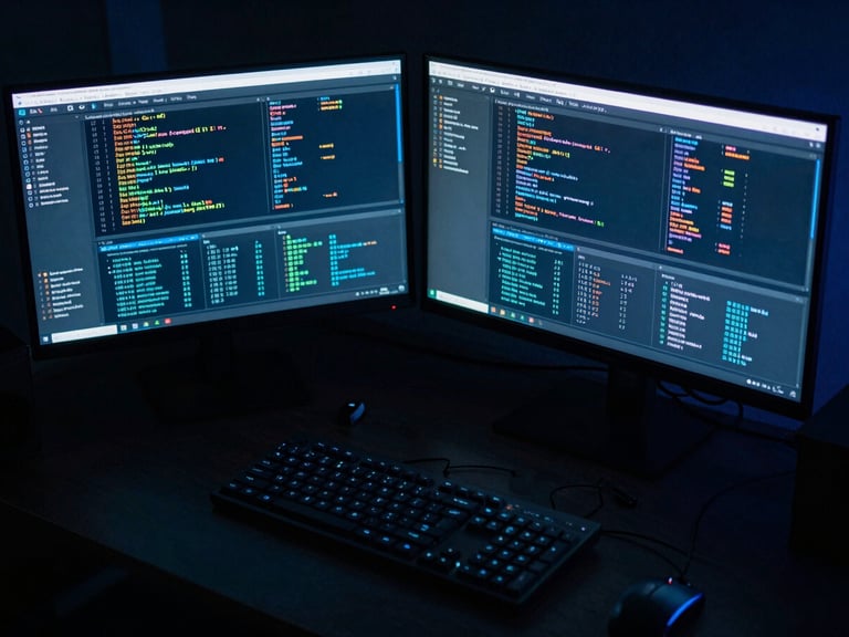 High-angle shot of a game developer workspace, dual monitors showing complex code and data visualization dashboards, moody low-key lighting with cyber-blue ambient glow