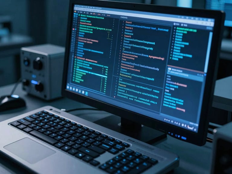 Close-up of a high-tech digital forensics lab console in Singapore, cool-toned blue key lights casting sharp shadows on metallic surfaces, data visualization screen glowing with cryptographic integrity metrics, 35mm cinematic