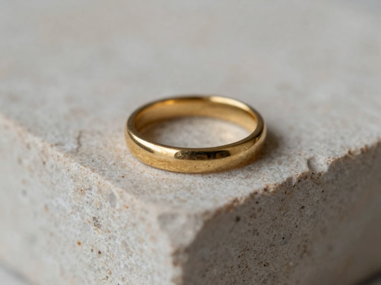 Extreme close-up macro shot of a minimalist gold architectural ring resting on a raw travertine stone block, soft natural side-light, muted neutral tones, shallow depth of field