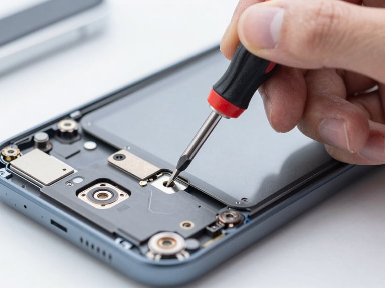 Extreme close-up macro shot of a technician using a precision screwdriver on an open smartphone chassis, bright workspace lighting, cool tech tones, 35mm