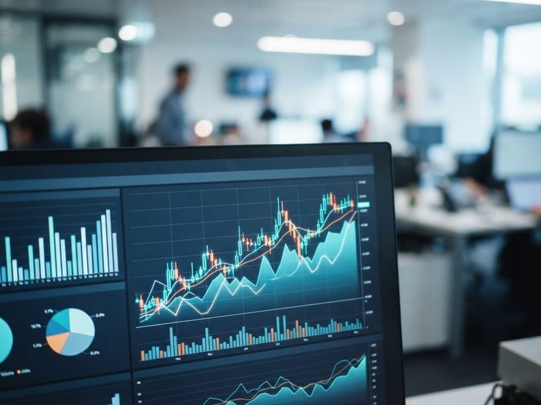 Close-up of a modern analytical screen displaying clean data charts, deep navy and slate tones, bright cool office lighting, shallow depth of field