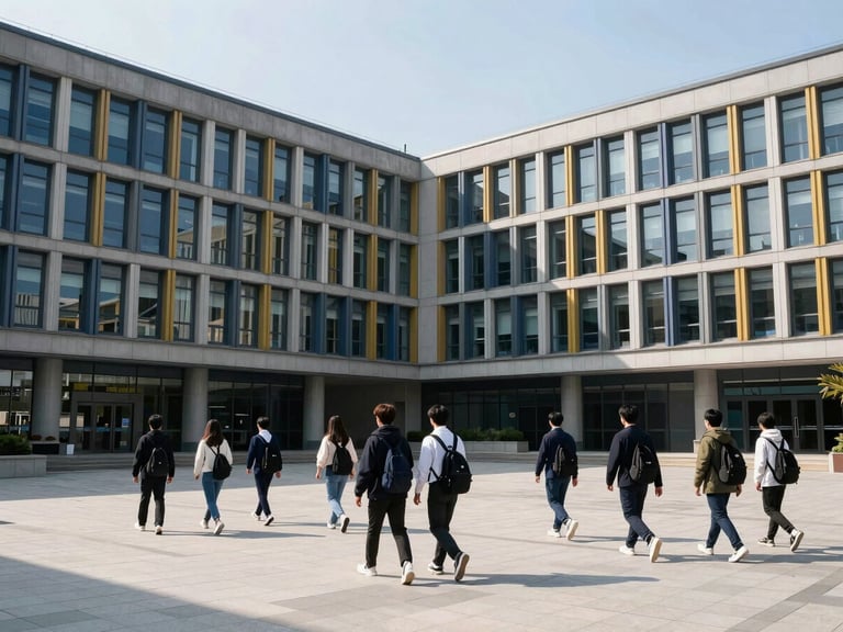 Aspirational view of students walking through a modern university quad in Seoul, bright daylight, clean architectural lines.