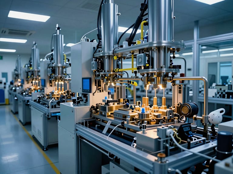 Wide panoramic shot of a modern semiconductor factory floor in South Korea, intricate machinery, cool blue lighting, sharp focus.