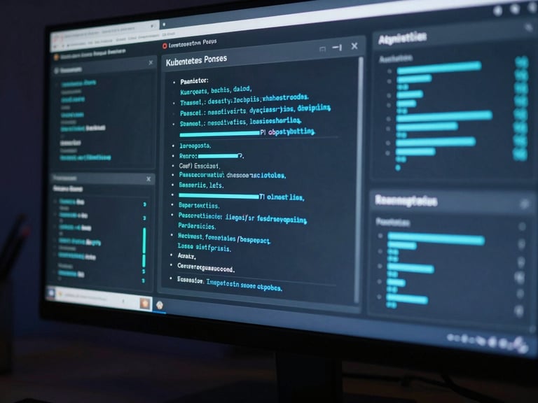 Close-up of a monitor displaying Kubernetes pods and Prometheus monitoring dashboards, high-contrast slate and electric blue lighting