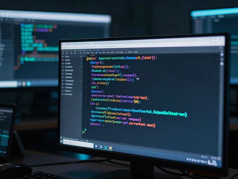 Sleek dark-mode photography of a terminal window showing Python code and neural network weight matrices, neon blue and teal ambient lighting, sharp focus, cinematic