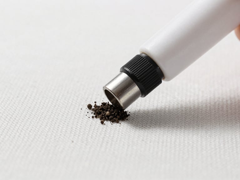 Extreme close-up of a high-extraction cleaning nozzle lifting dark dirt from a light-colored woven fabric, bright clinical daylight, sharp focus