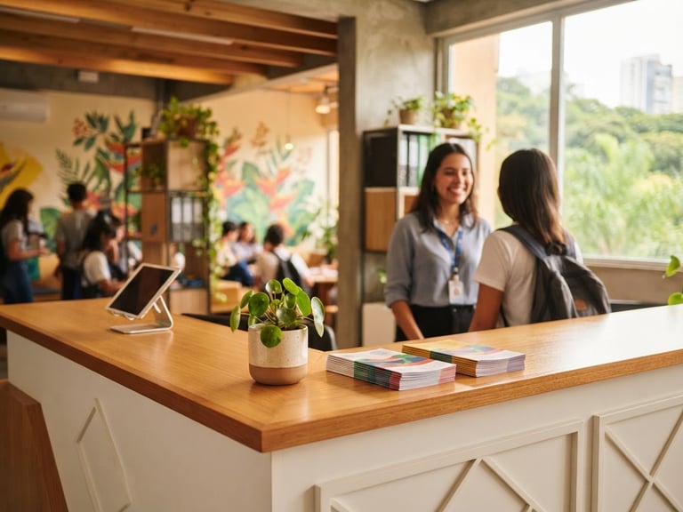 Bright modern photography of a welcoming educational reception desk in Brazil, friendly receptionist in the background, warm natural light, shallow depth of field