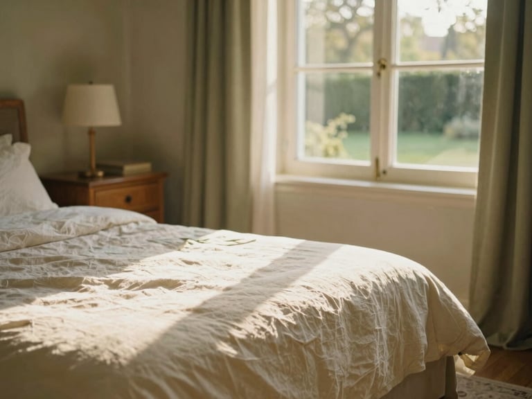 Medium shot of a sun-drenched private bedroom with a wooden dresser, soft linen bedding, and a window overlooking a green garden, warm golden-hour light.