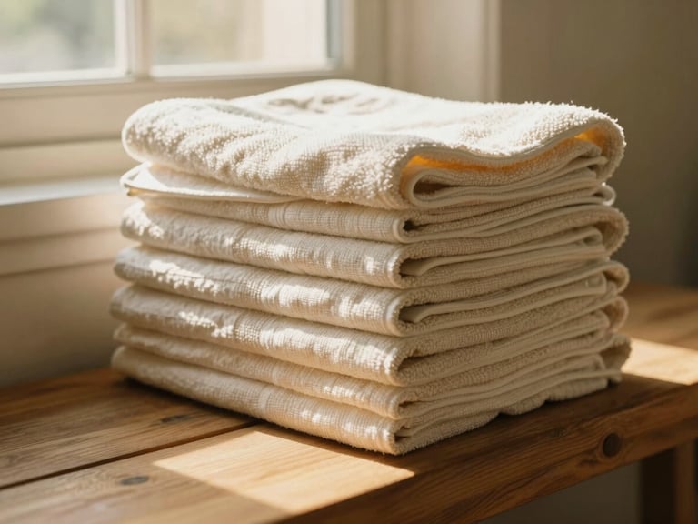 A neatly folded stack of soft linen towels on a sunlit wooden bench, warm residential interior.