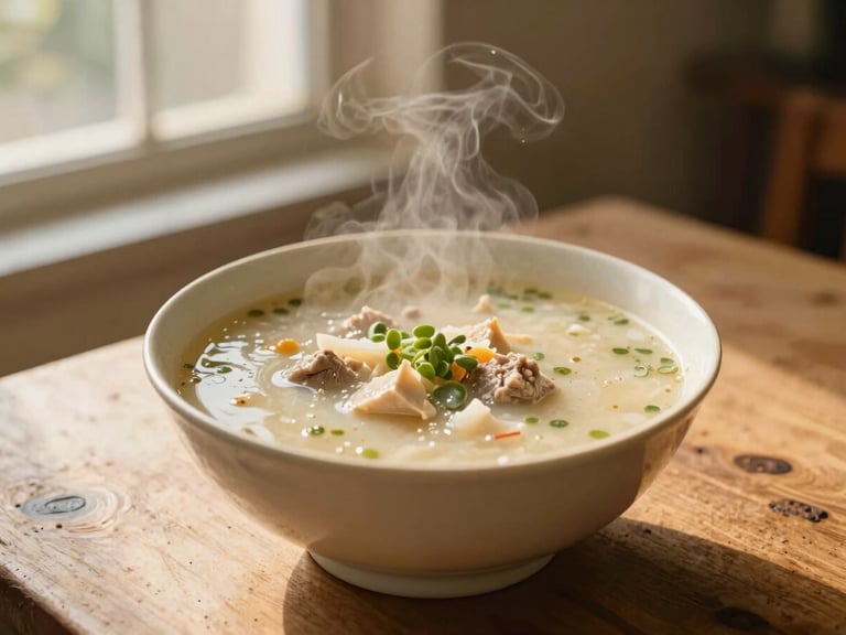 A steaming bowl of traditional home-cooked soup on a rustic wooden table, soft golden window light, warm domestic feel.