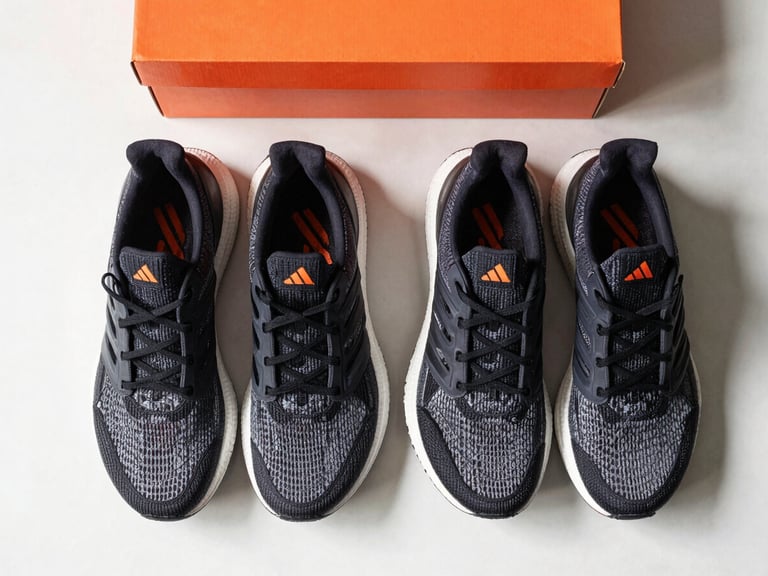 Overhead flatlay of Adidas Ultraboost running shoes on a clean surface with a subtle orange box accent, daylight