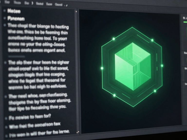 Macro shot of a split-screen user interface showing a raw text prompt on the left and a highly refined, geometric cyber-green UI layout on the right, dark-room glow.