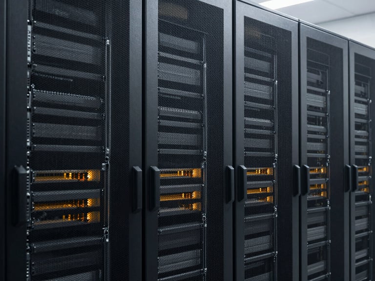 Server racks in a high-performance computing data center, cool clinical daylight, sharp focus, desaturated slate and amber tones, 35mm