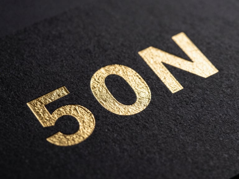 Extreme close-up macro photography of deep black cardstock with debossed metallic gold foil lettering, sharp focus, dramatic studio lighting