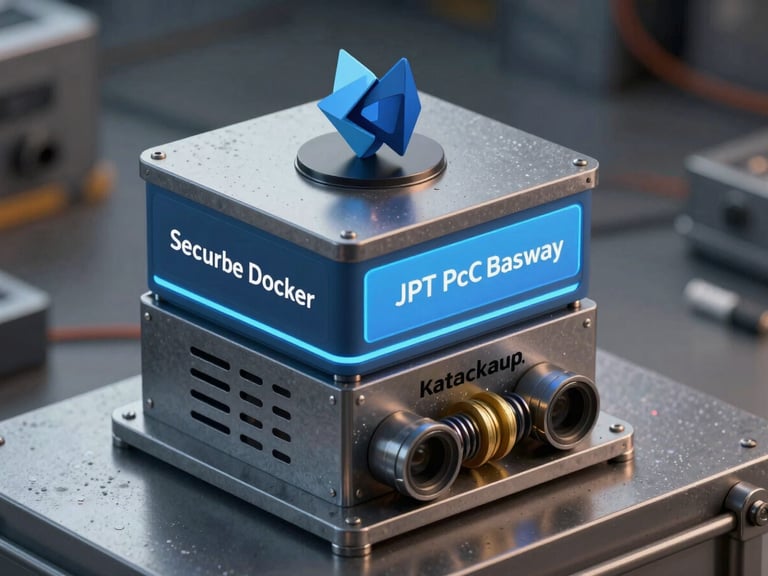 Orthogonal technical diagram of a secure Docker container stack with JWT authentication gateway, PostgreSQL database, and automated backup volume, industrial steel style.