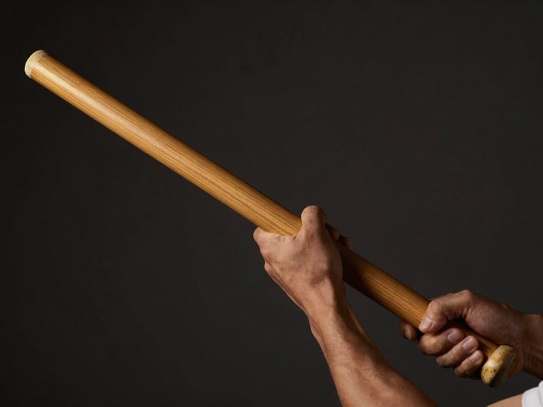 Dramatic athletic photography, low-key side lighting, close-up of hands gripping a wooden Bo staff, dark charcoal background, warm gold highlights