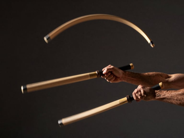 Dramatic athletic photography, motion-blurred arcs of nunchaku, close-up of hands in action, dark charcoal background, warm gold highlights