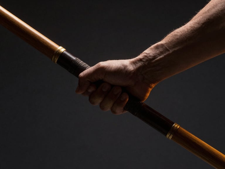 Dramatic close-up of hands gripping a dark wooden Bo staff, side-lit with warm gold highlights, dark charcoal background