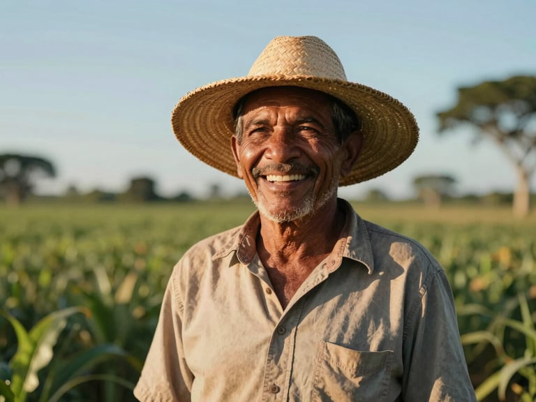 Trabalhador rural de chapéu de palha sorrindo sob a luz quente do fim de tarde em uma plantação no interior do Brasil, transmitindo dignidade e alívio