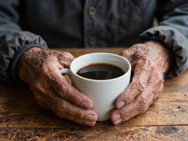 Close-up of weathered hands of an elderly rural worker holding a warm cup of coffee, soft natural morning light, rustic wooden table, conveying trust and life history.