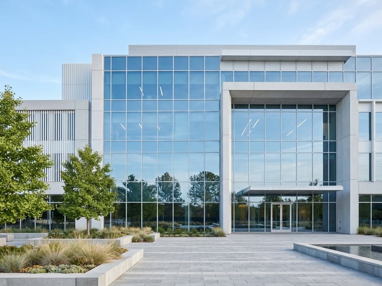 Minimalist architectural photograph of a modern healthcare facility exterior with clean glass panels and bright, cool daylight, reflecting a professional executive aesthetic.