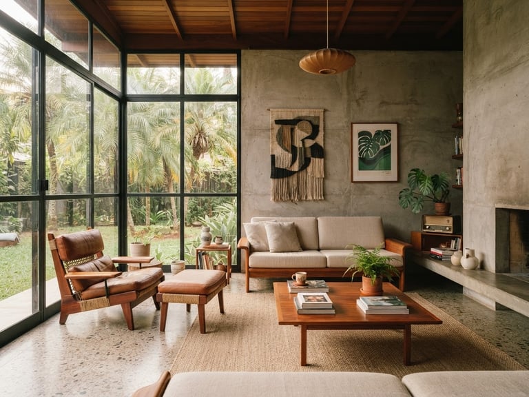 Warm editorial photography of a Brazilian mid-century living room, raw concrete walls, rich wood furniture, soft natural afternoon light streaming through large windows, neutral earth tones, 35mm