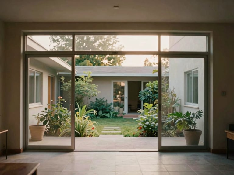 Warm editorial photography of a mid-century residential courtyard, steel frame structure, floor-to-ceiling glass doors opening to a lush garden, soft natural light, 35mm