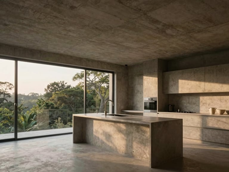 Brutalist concrete penthouse interior, raw exposed concrete ceiling, minimalist kitchen island, large windows looking out to green treetops, warm morning light, 35mm