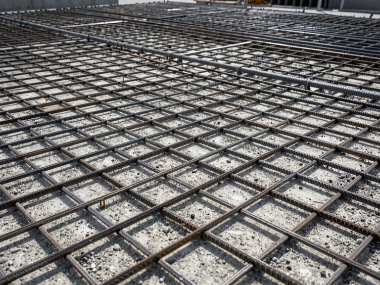 Close-up of raw poured concrete over thick steel rebar grids, high contrast lighting, industrial realism.