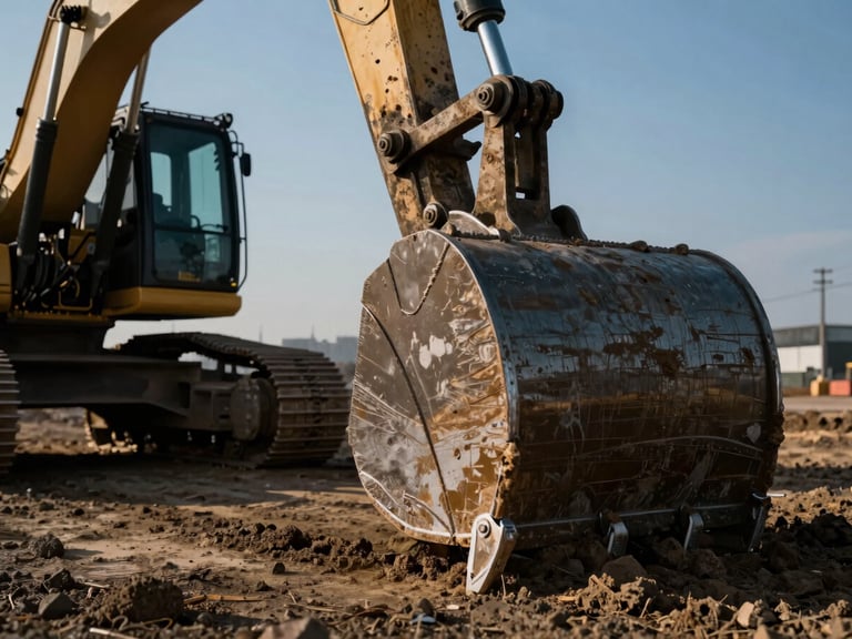 Extreme low-angle close-up of an excavator bucket digging into hard dirt, harsh afternoon sunlight, deep charcoal shadows.