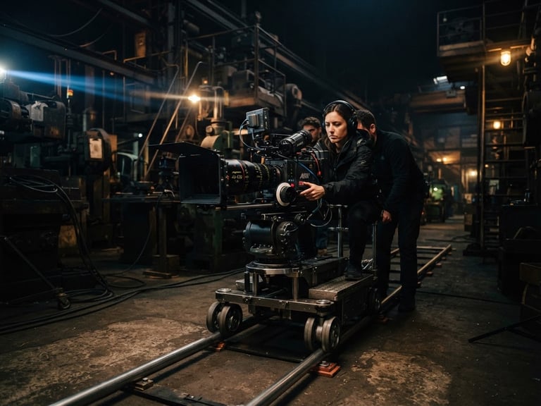 Cinematic widescreen shot of an anamorphic camera rig on a dolly, dramatic set lighting, high contrast, dark industrial background, 35mm film style.