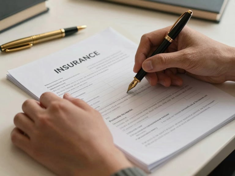 Close-up of hands organizing structured insurance paperwork on a clean desk beside a brass fountain pen, soft warm side lighting.