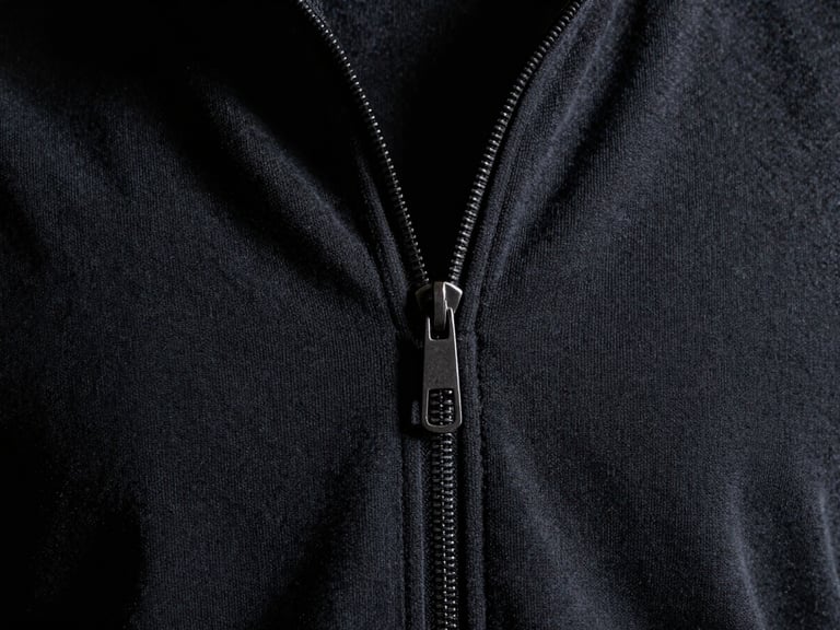Close-up of thick, premium loopback cotton texture with a heavy-gauge steel zipper detail, high-contrast dramatic low-key lighting, deep shadows, 35mm film grain