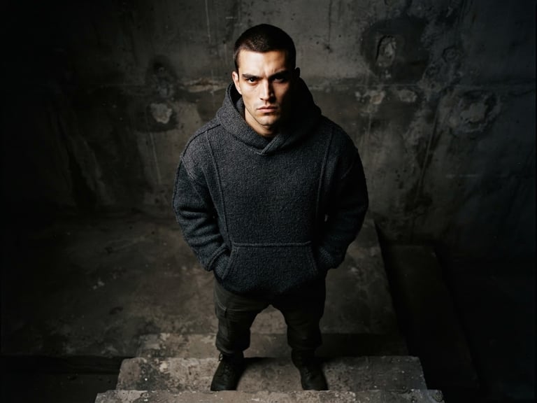 Low-angle dramatic studio shot of a model wearing a heavy-gauge charcoal structured hoodie, stoic expression, concrete textures, deep shadows, 35mm film grain
